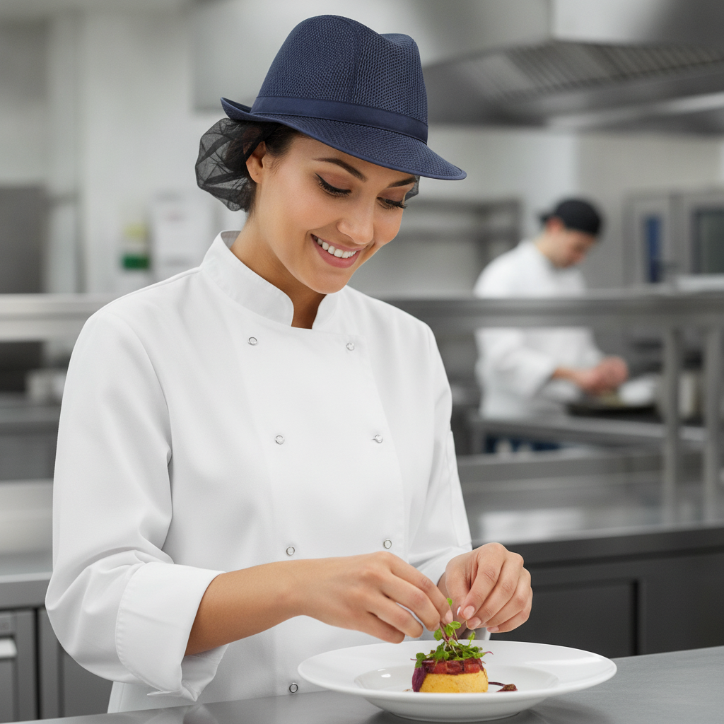 Navy Blue Polyester Trilby Hat with Snood for Staff Comfort