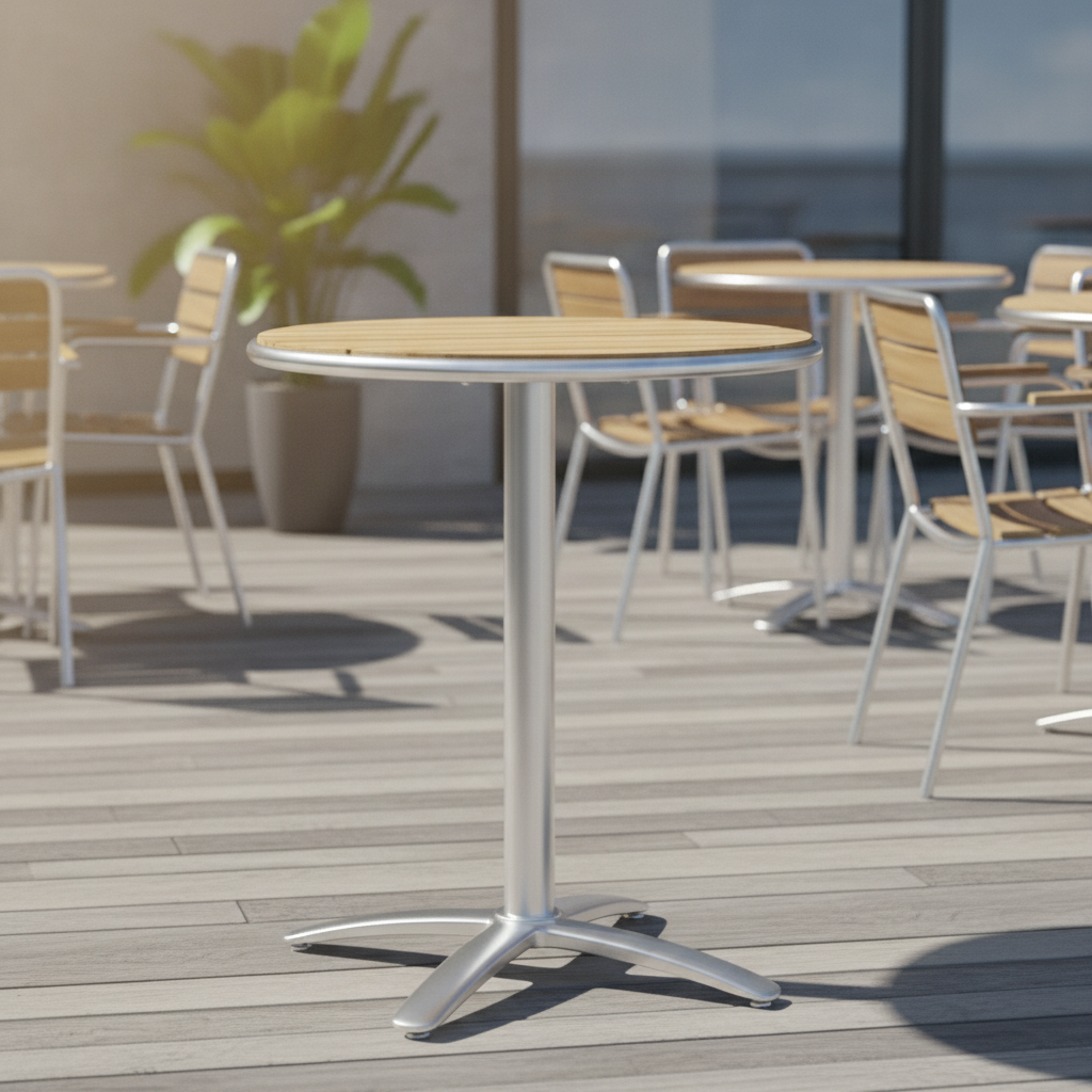 Aluminium & Ash Wood Round Flip Top Table 600mm for Outdoor Use