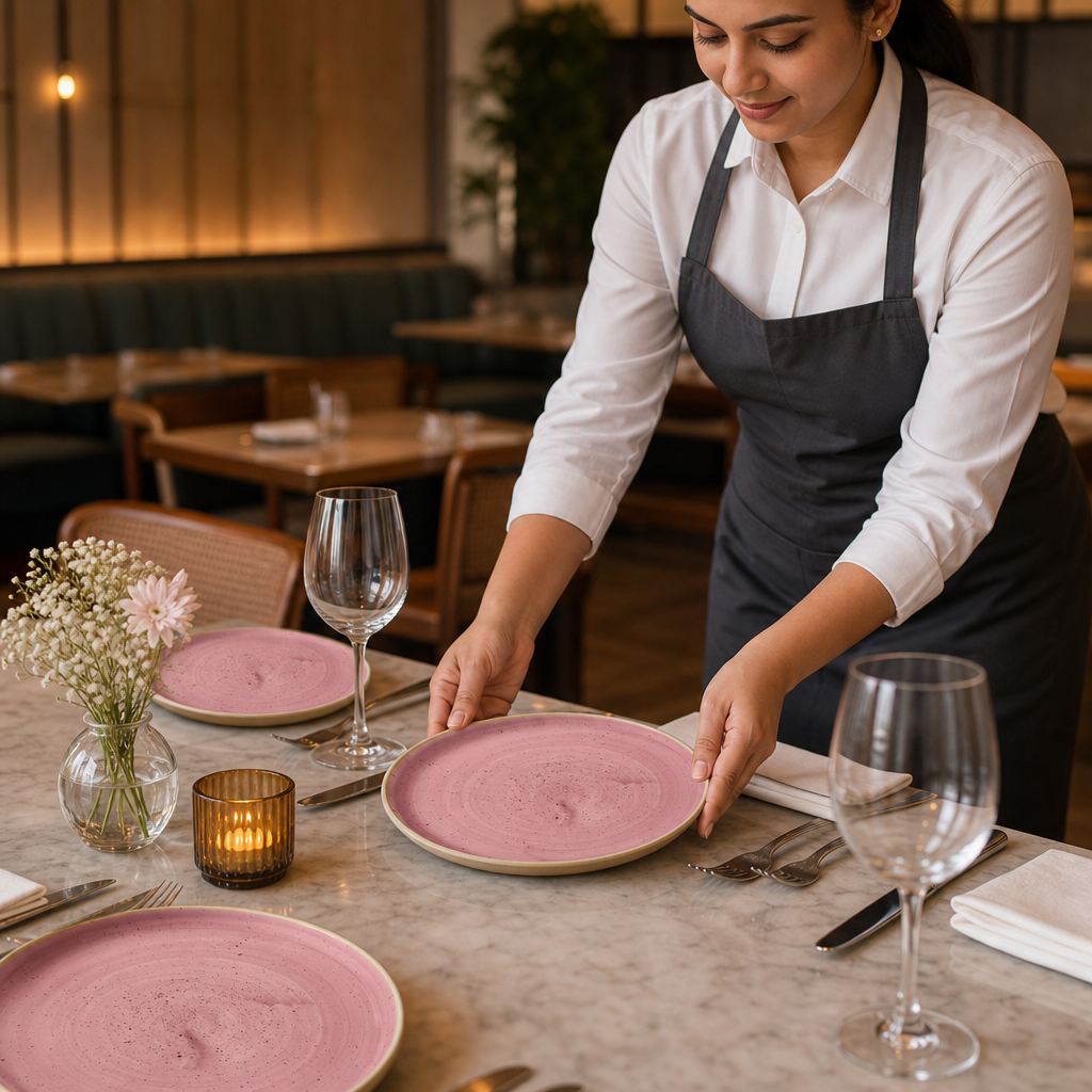 Hand Painted Walled Plates Pink Vitrified Ceramic for Elegant Table Settings (Pack of 6)