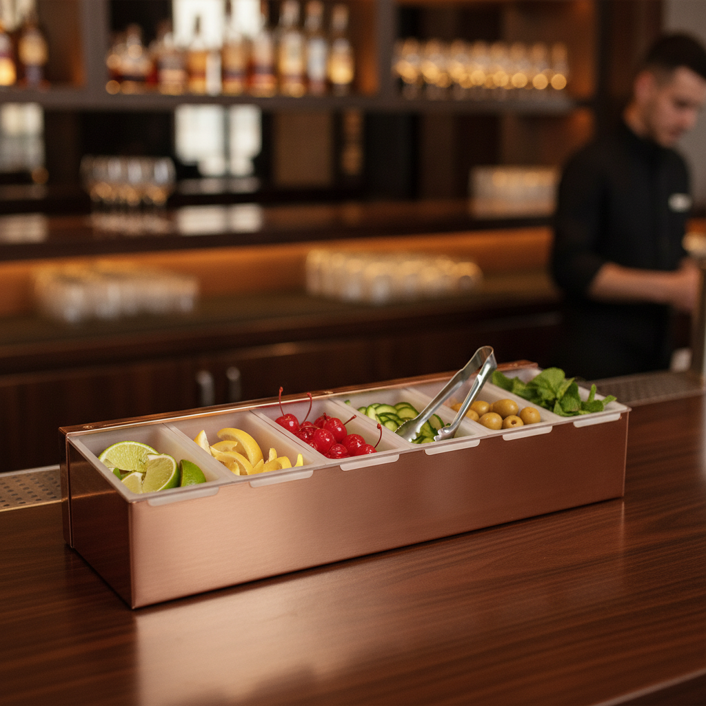 Stainless Steel Copper Plated 6 Compartment Condiment Holder 450mm for Bars & Pubs