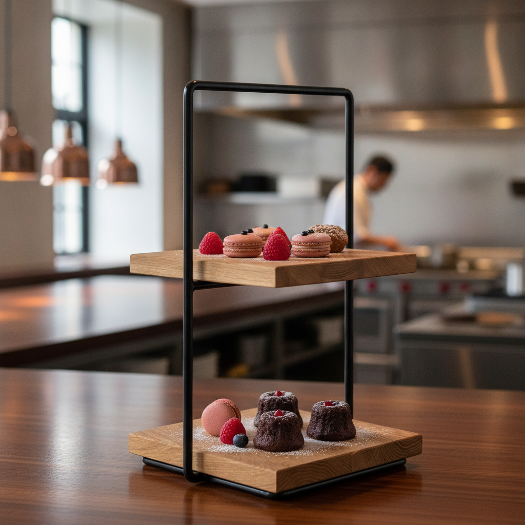 Metal and Oiled Oak Two-Tiered Etagere 405mm for Elegant Food Presentation