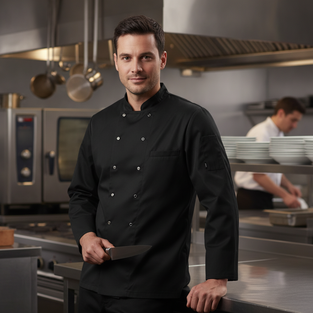 Polycotton Black Long Sleeve Chef Jacket for Commercial Kitchens