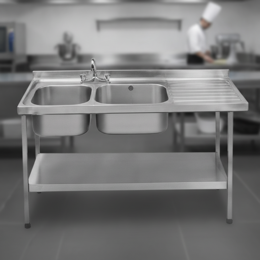 304 Stainless Steel Double Sink with Right Hand Drainer 1500mm for Professional Kitchens