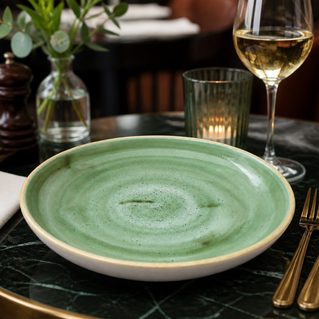 Stonecast Round Coupe Bowls in Samphire Green for Elegant Table Settings