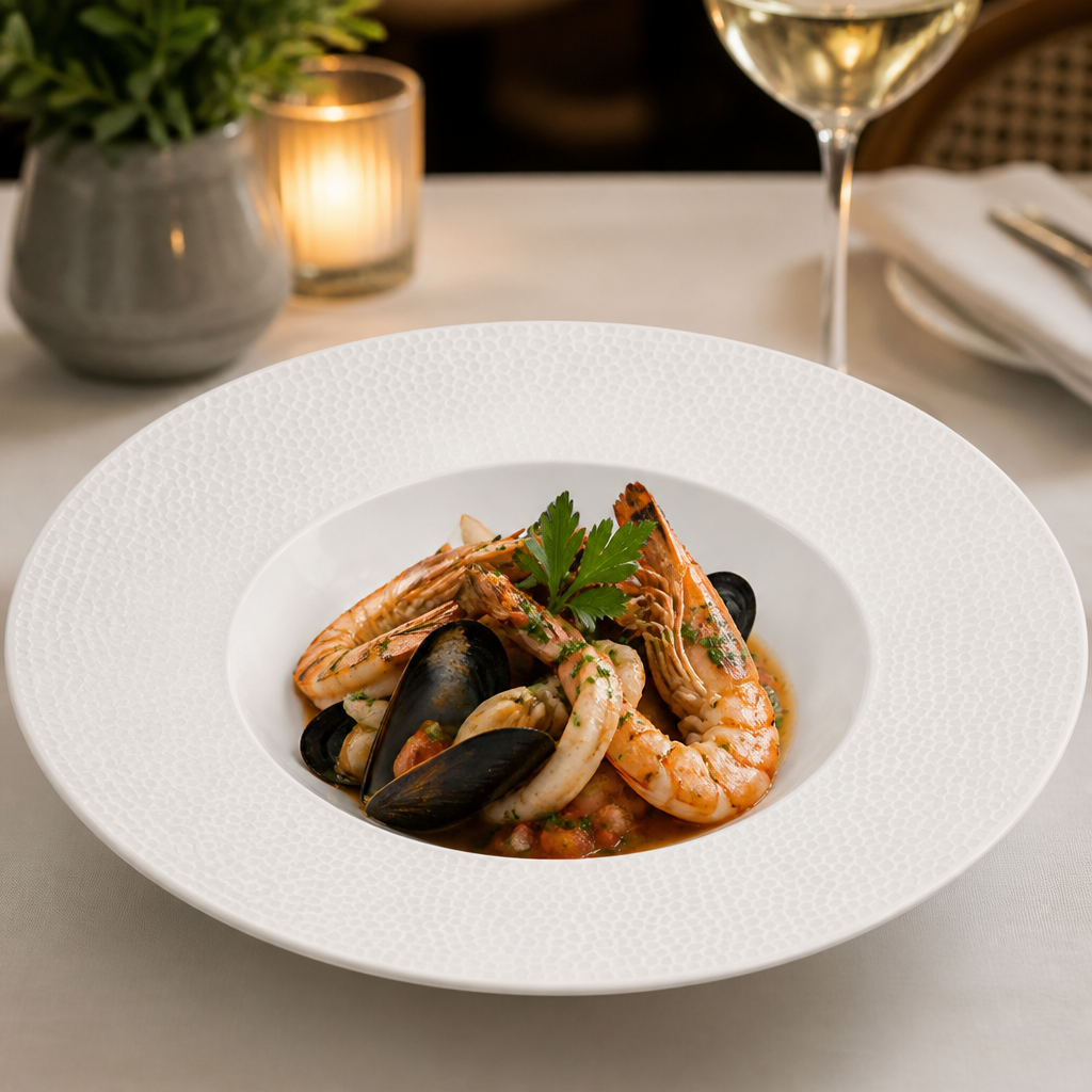 White Isla Wide Rim Bowls 280mm for Seafood Dishes