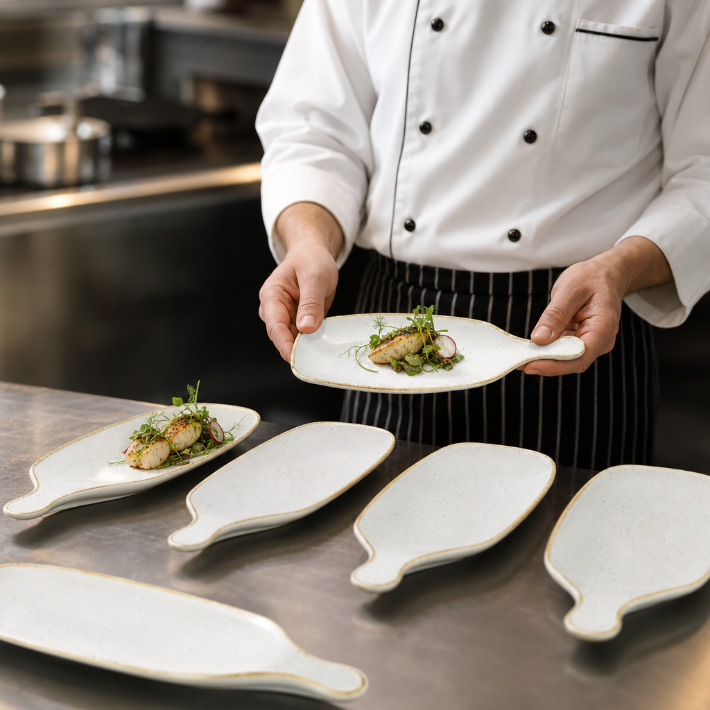 Handled Paddles Starter Plates White Vitrified Ceramic for Elegant Dining (Pack of 6)