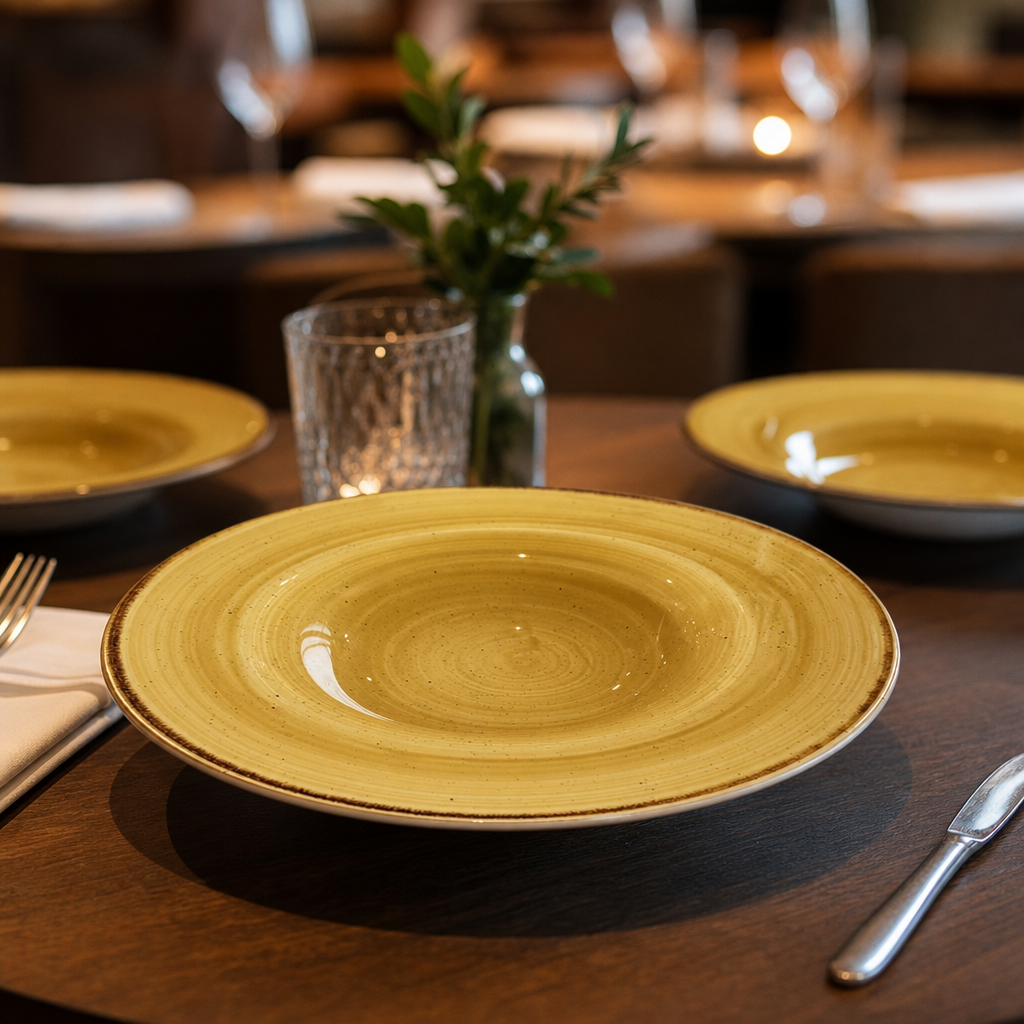 Stonecast Round Wide Rim Bowl in Mustard Seed Yellow for Catering Establishments