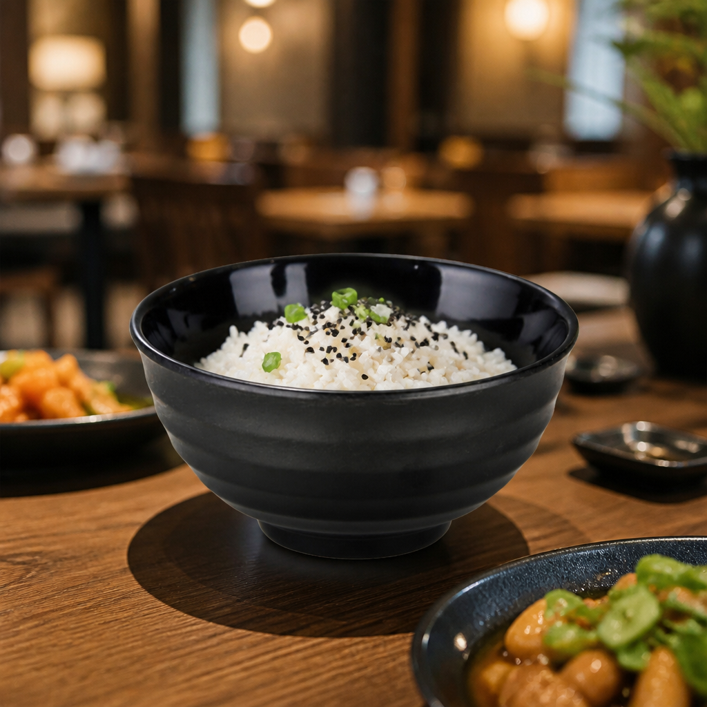 Melamine Rice Bowls 350ml in Glossy Black for Elegant Dining