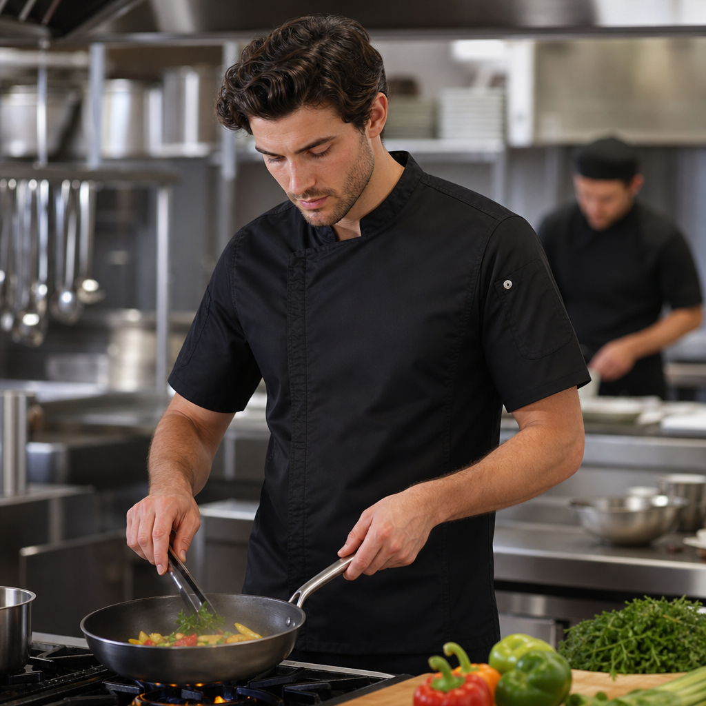 Polycotton Black Chef Jacket with Cool Vent Technology for Busy Kitchens