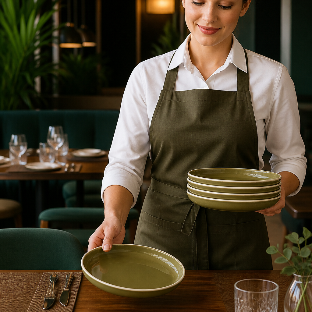 Round Stacking Trays Olive Alumina Green Vitrified Ceramic for Casual Dining (Pack of 12)