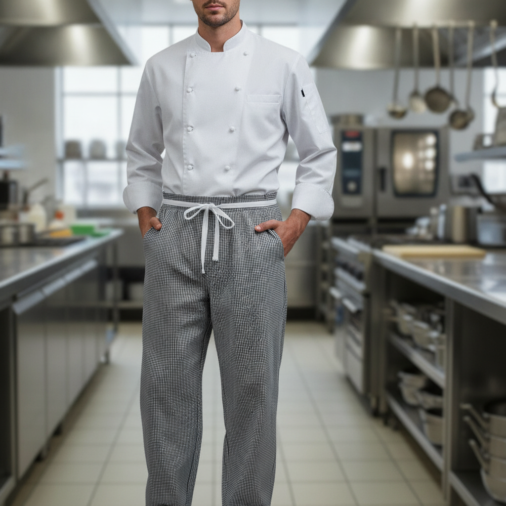 Polycotton Small Black Check Baggy Chef Pants for Catering Staff