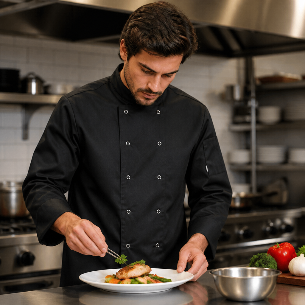 Black Long Sleeve Polycotton Chef Jacket for Commercial Kitchens