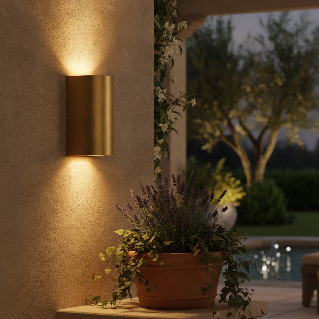 Brass Outdoor Wall Light with Dual Light Output for Patios & Gardens