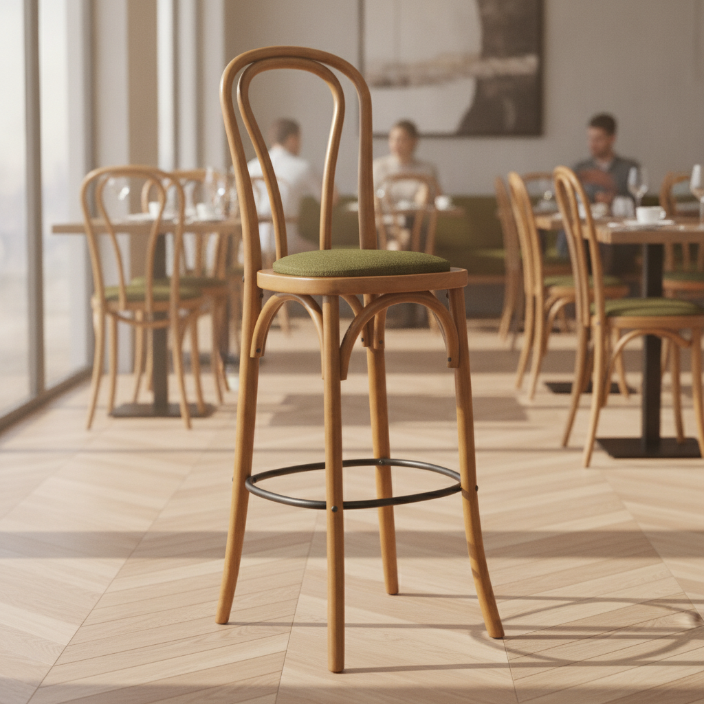 Rubber Wood Hoop Back Bar Chair with Green Seat 10kg for Restaurants