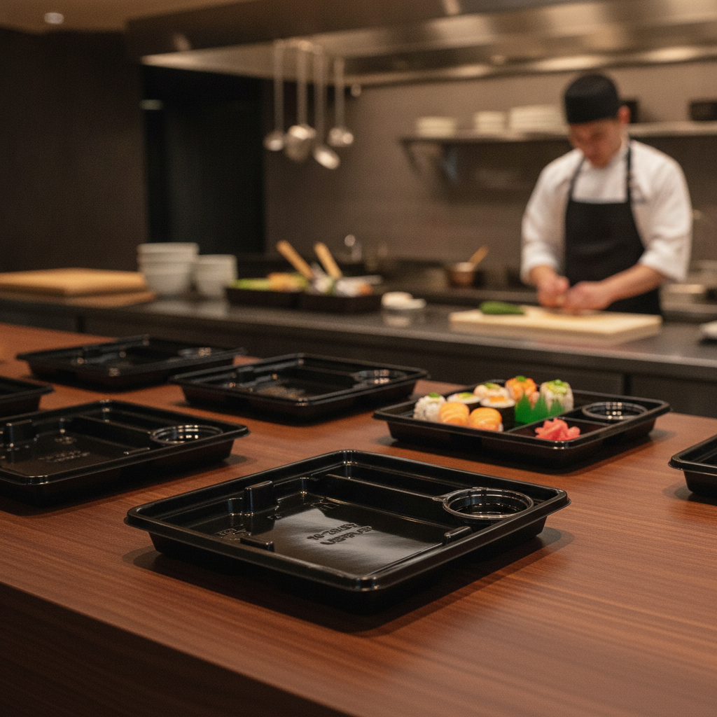 rPET Black Sushi Snack Trays 120 x 108mm for Deli & Sushi Restaurants (Pack of 1200)