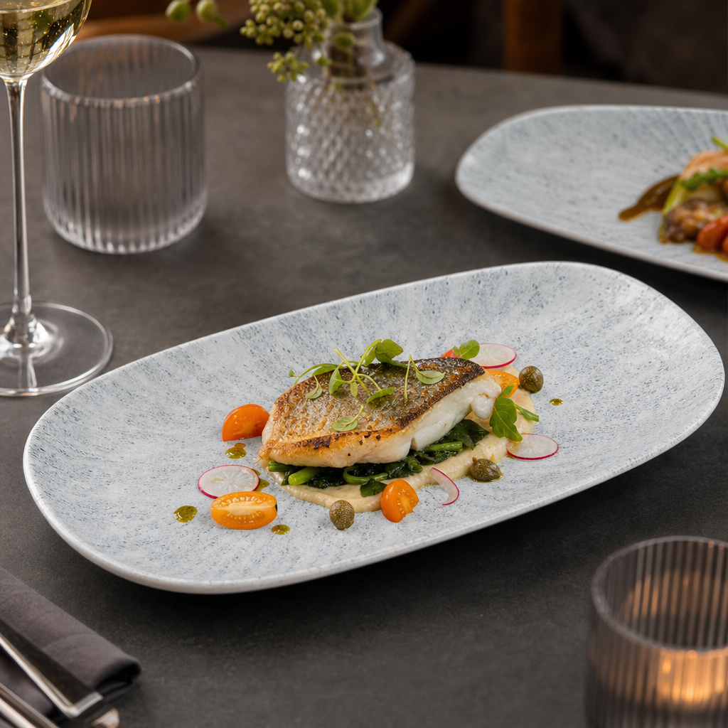 Oblong Plates Grey Vitrified Porcelain for Dining Experiences (Pack of 6)