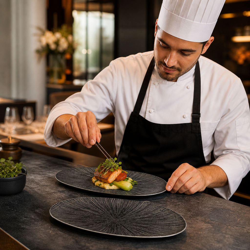 Oval Chefs Plates 347x173mm Black Vitrified Ceramic for Restaurants (Pack of 6)