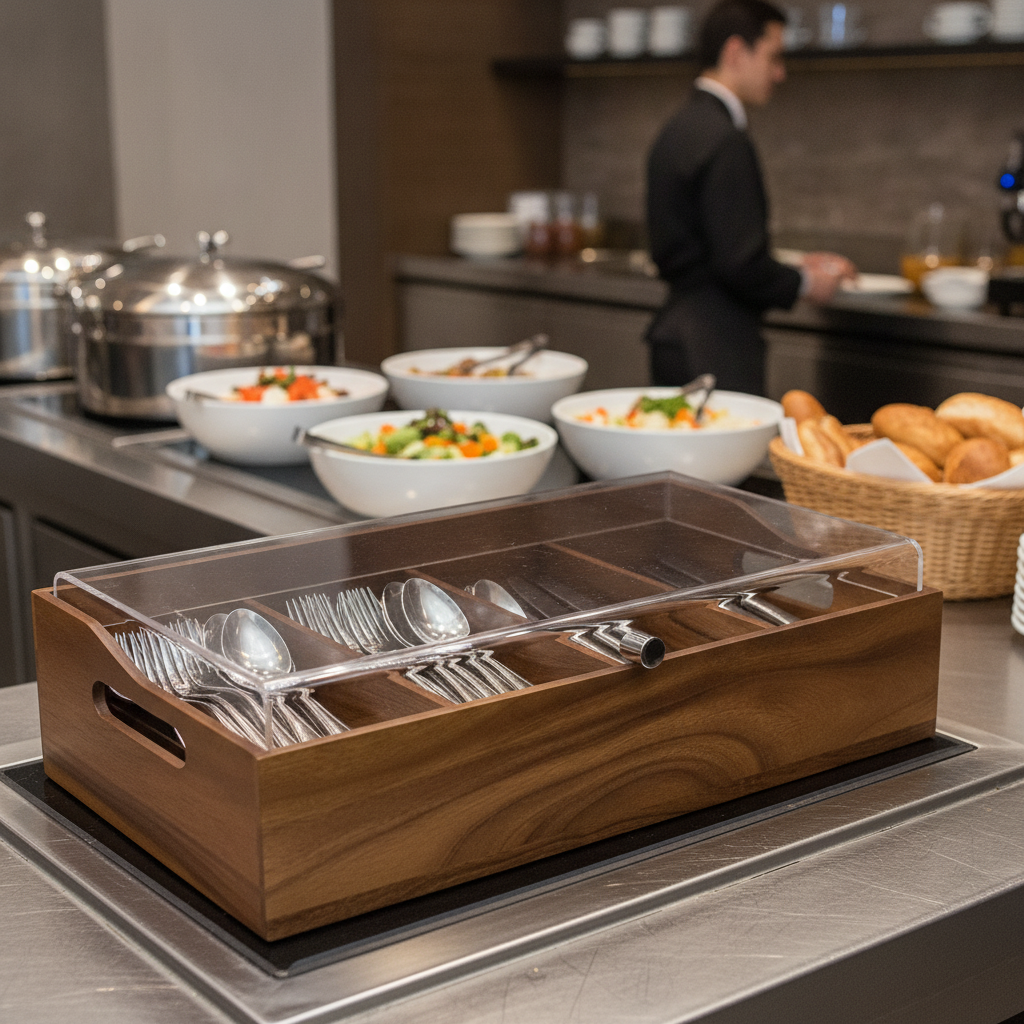 Wooden Cutlery Holder with Plastic Lid 280x130mm for Buffet Stations
