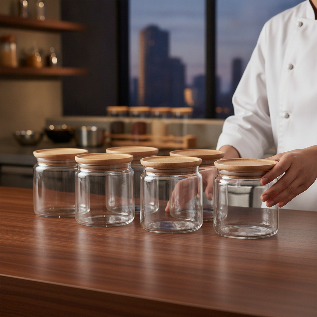 Glass Storage Jar 750ml with Wooden Lid for Food Preservation (Pack of 6)