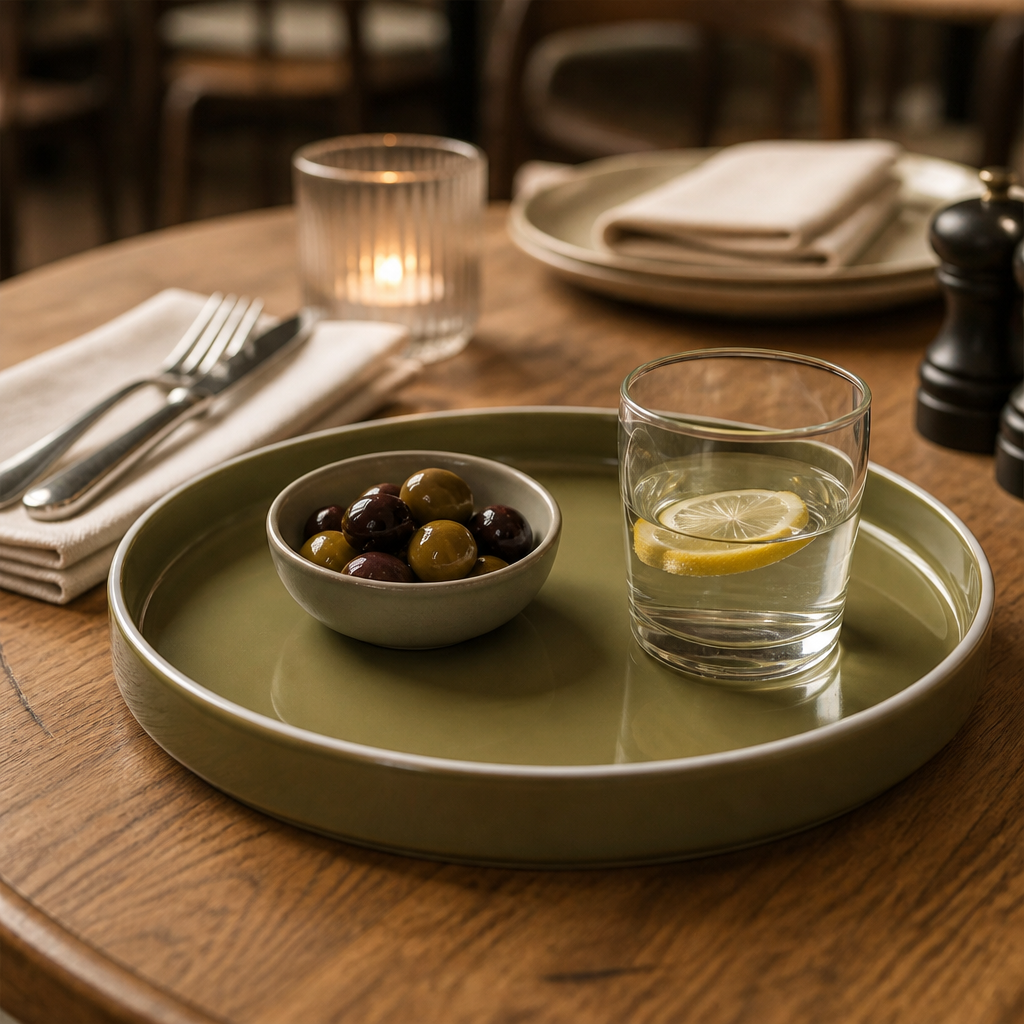 Round Olive Green Stacking Trays for Casual Dining - Pack of 12
