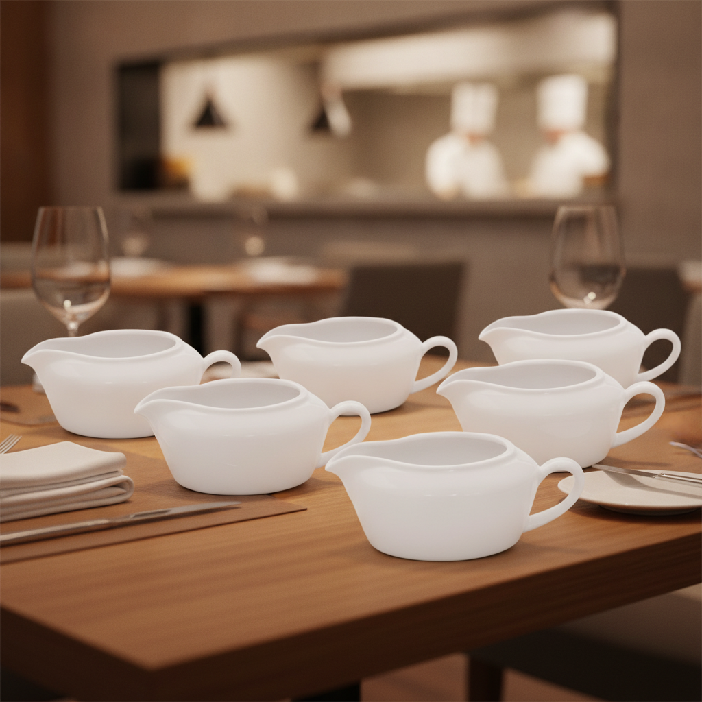 Alumina Vitrified Ceramic White Sauce Boat 370ml for Casual Dining (Pack of 6)