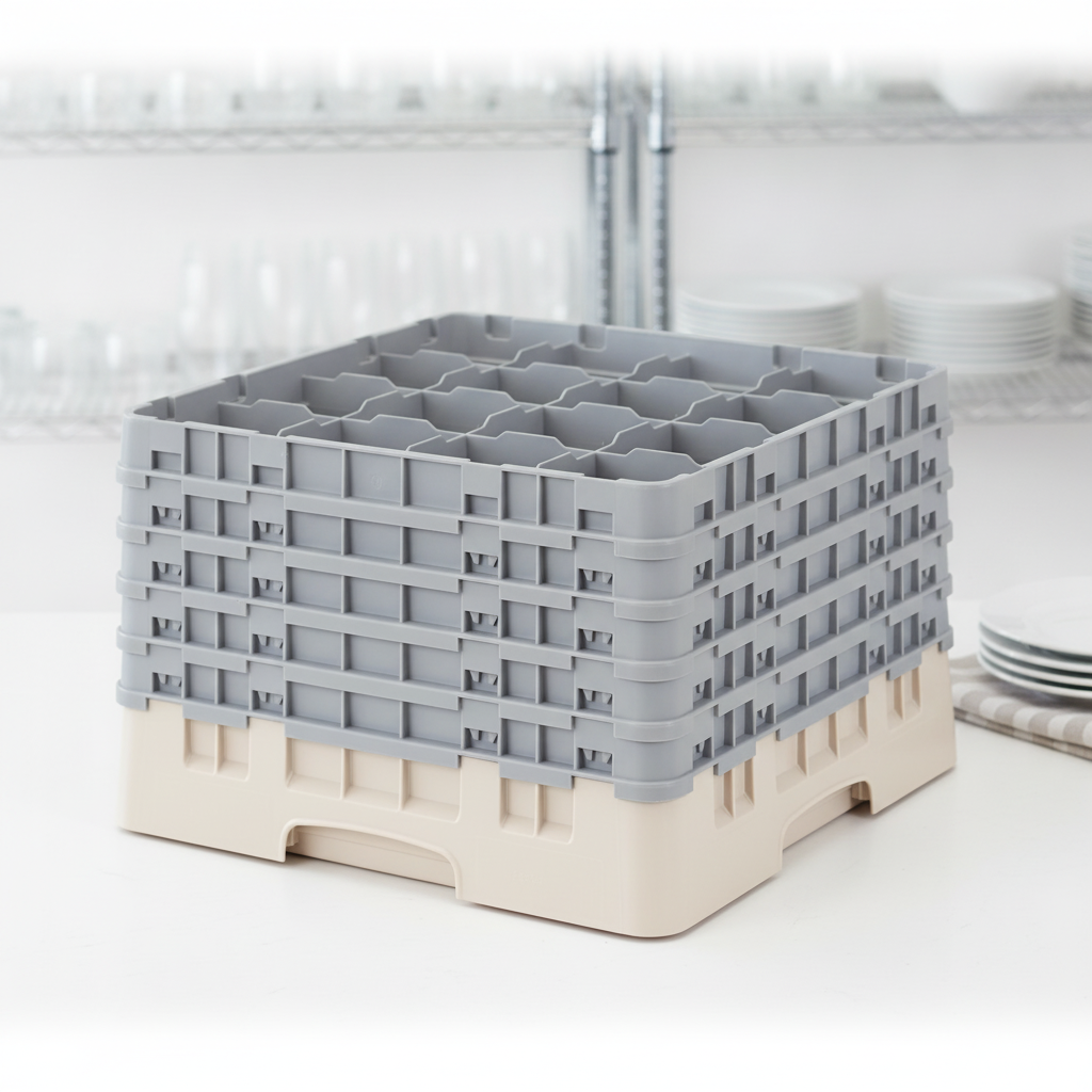Polypropylene Beige Camrack with 16 Compartments for Safe Glass Transport