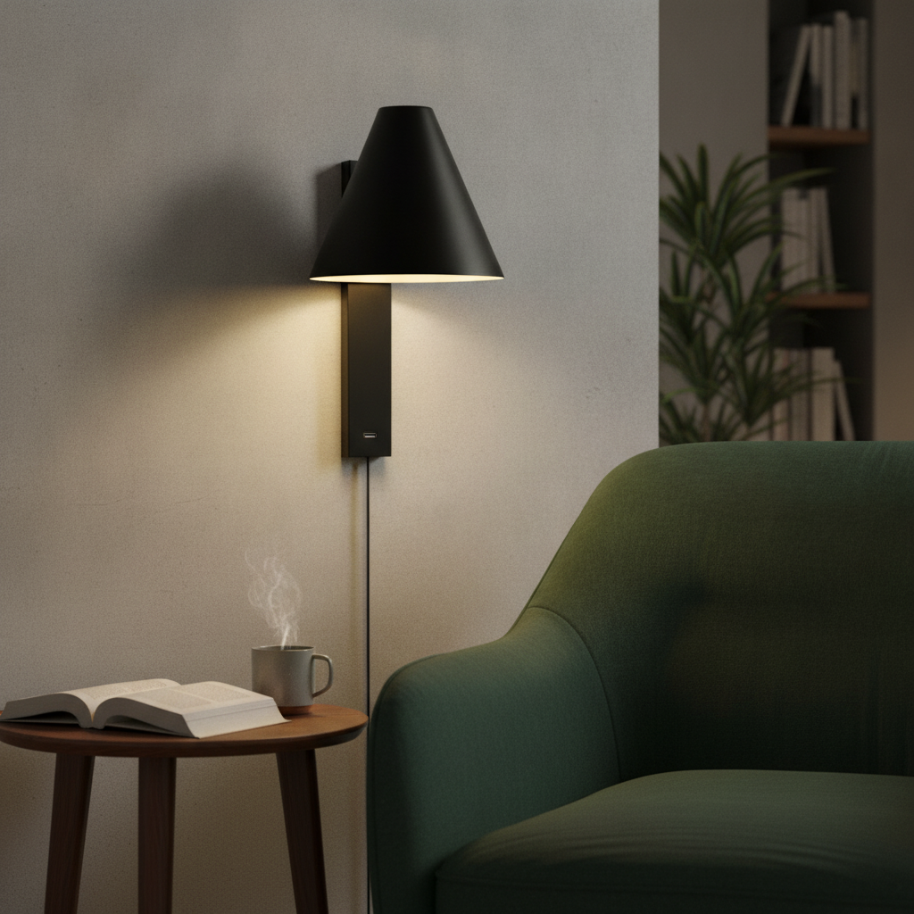 Metal Black Indoor Wall Light with USB-C Charging for Reading Areas