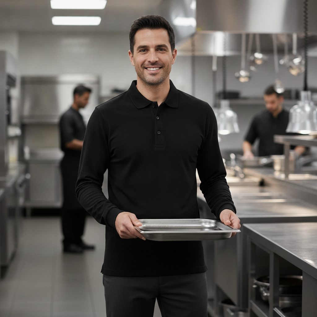 Cotton Blend Black Long Sleeve Polo for Staff Uniforms