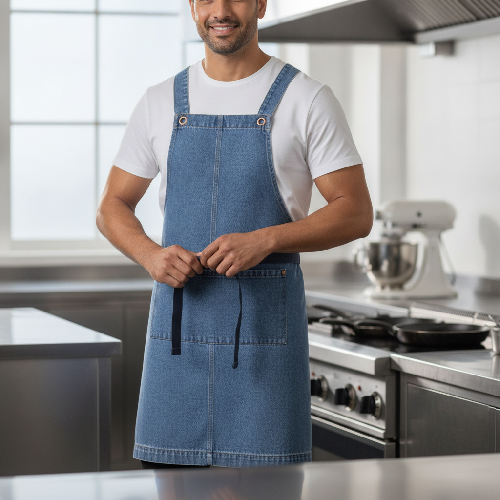 Cotton Denim Bib Apron Light Blue for Casual Dining