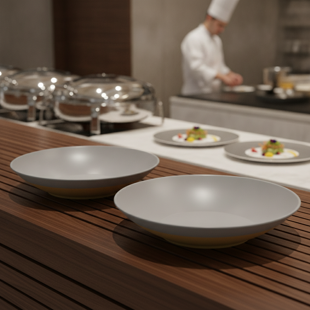 Melamine Grey Shallow Serving Bowls 360mm for Creative Buffet Presentations (Pack of 2)