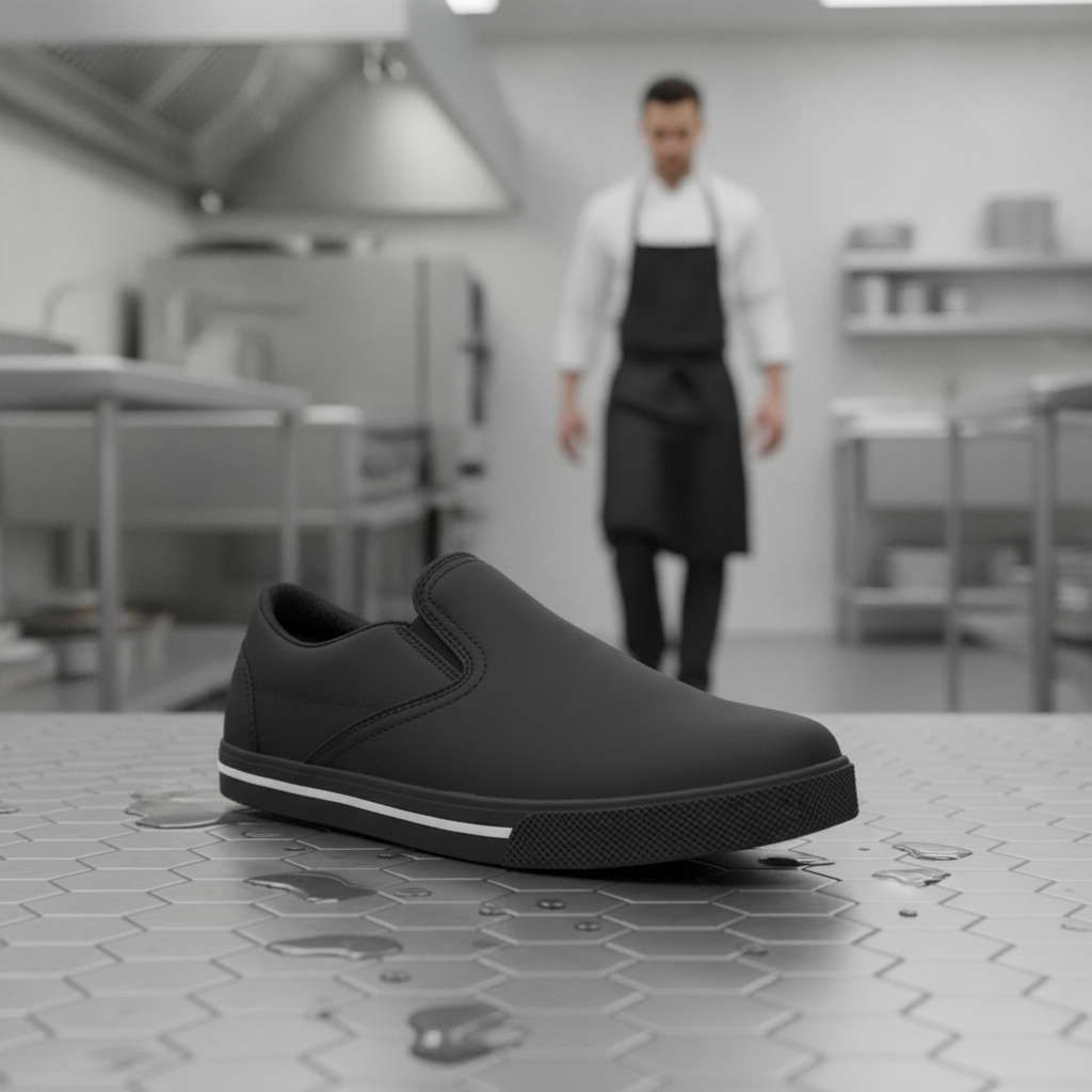 Microfibre Slip Resistant Slip-On Shoes in Matte Black for Professional Kitchens