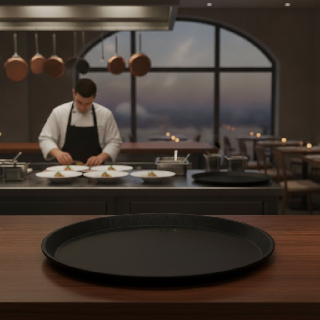 Fibreglass Round Non-Slip Tray Black for Safe Serving