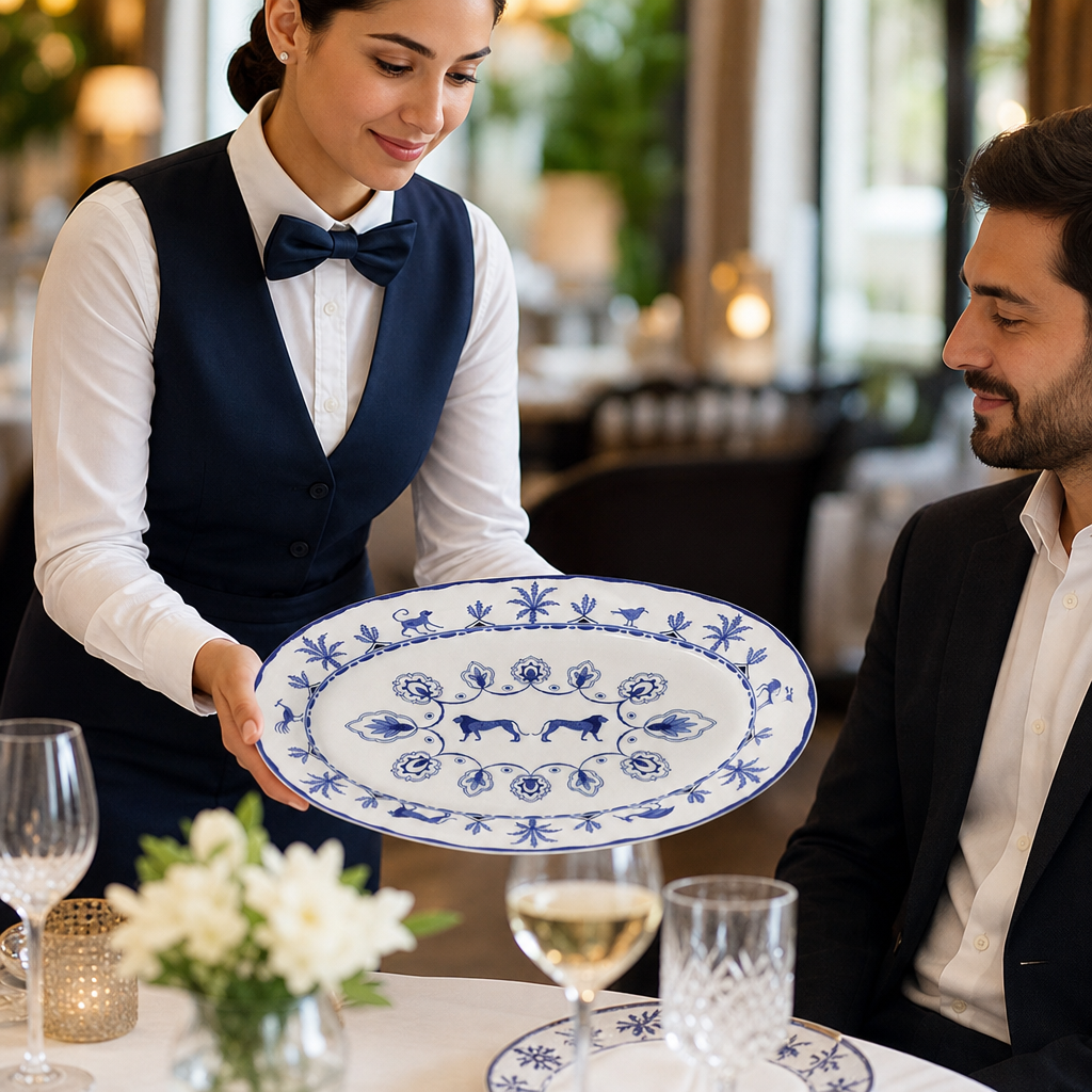 Oval Trays Exotic Patterns Blue Bone China for Table Settings (Pack of 6)