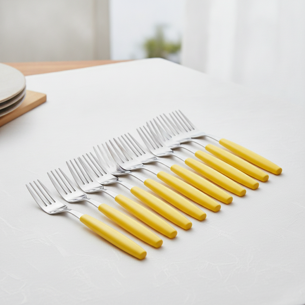 18/0 Stainless Steel Dessert Forks with Yellow Handles for Canteens (Pack of 12)