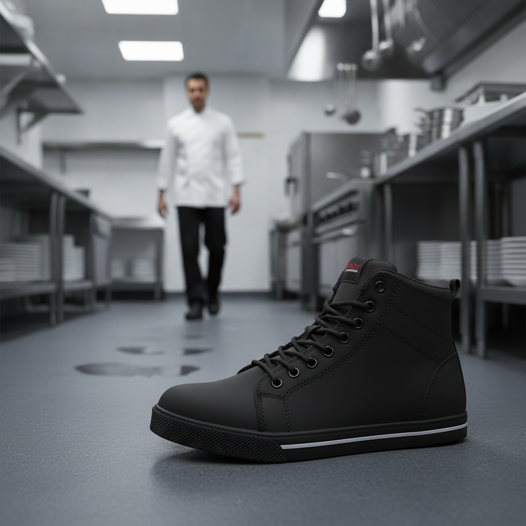 Microfibre Slip Resistant Hi-Top Boots Black for Professional Kitchens