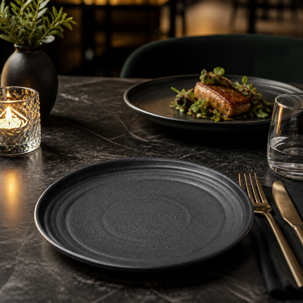 Textured Black Porcelain Flat Round Plates 180mm for Elegant Dining (Pack of 6)