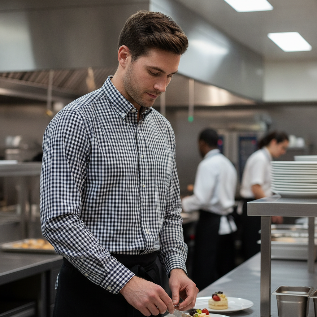 Polycotton Dark Navy Dress Shirt for Busy Catering Environments