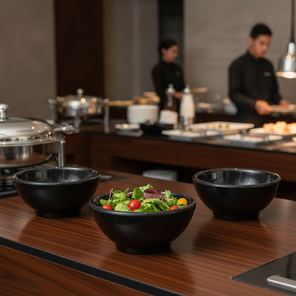 Melamine Black Round Bowl 130mm for Buffet Service