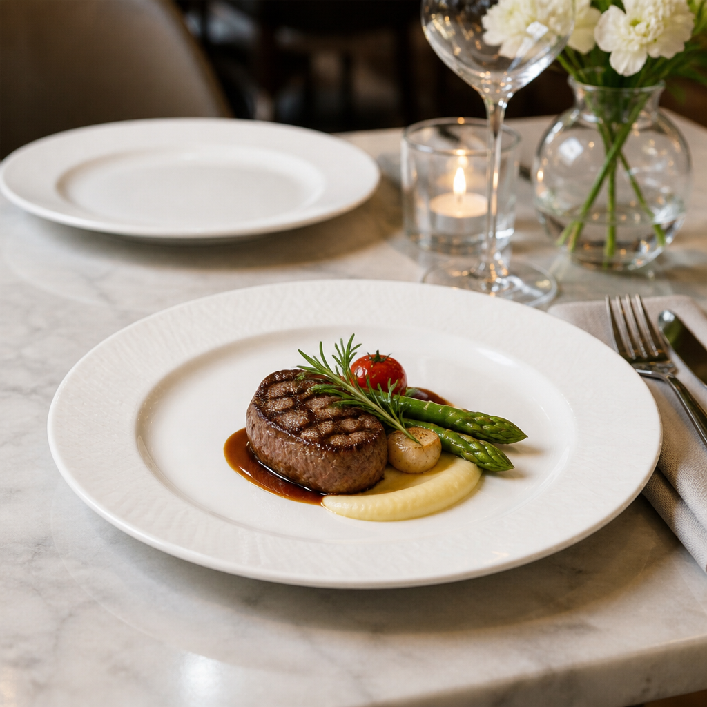 Flat Rim Plates 215mm White Bone China for Restaurant Service (Pack of 6)