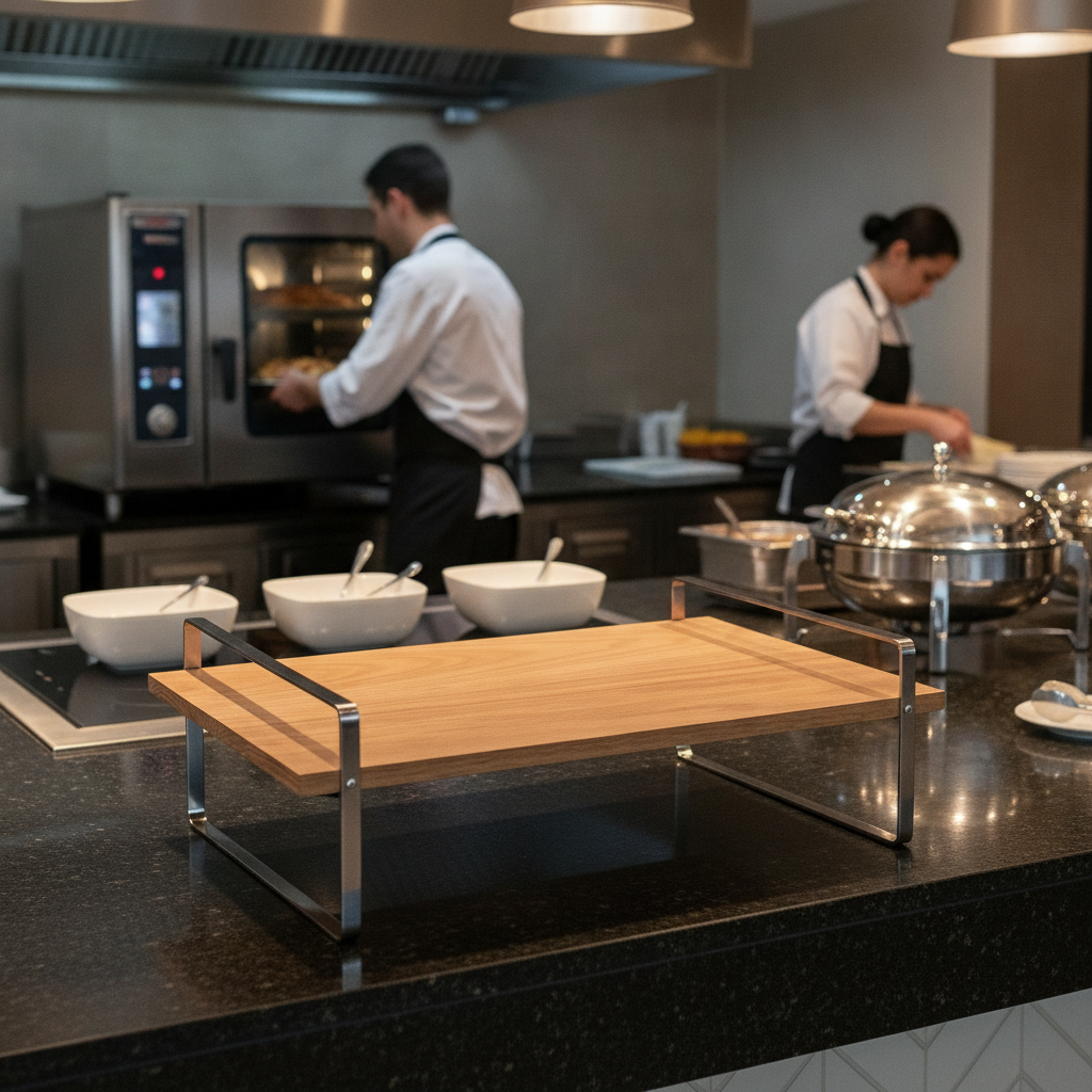 Oak Wood and Stainless Steel Small Presentation Table for Buffets