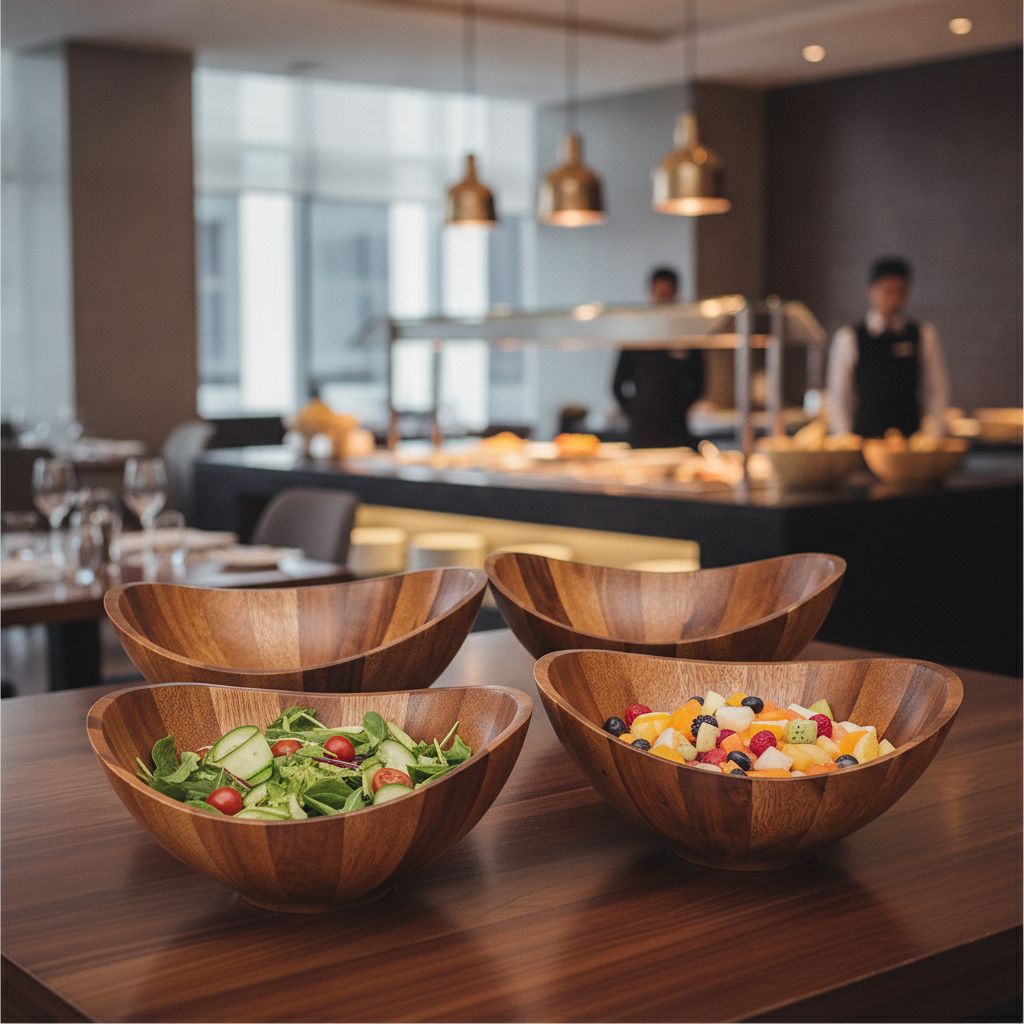 Acacia Wood Large Bowls 1.4L for Buffet Presentations (Pack of 4)