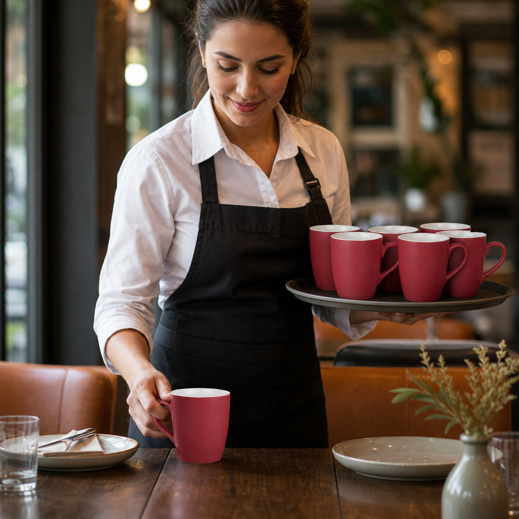 Mugs 340ml Red Porcelain for Casual Dining (Pack of 6)