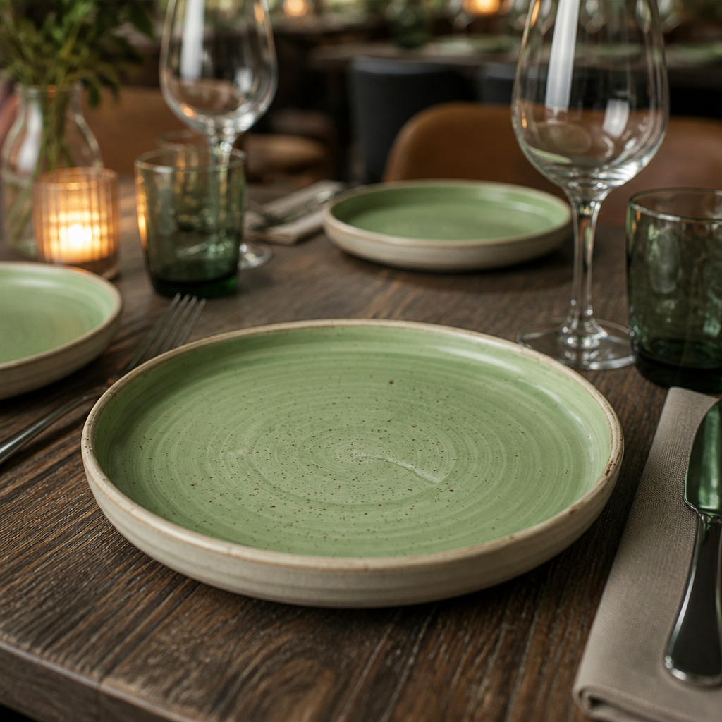 Walled Plates 206mm Green Vitrified Ceramic for Casual or Special Occasion Dining (Pack of 6)