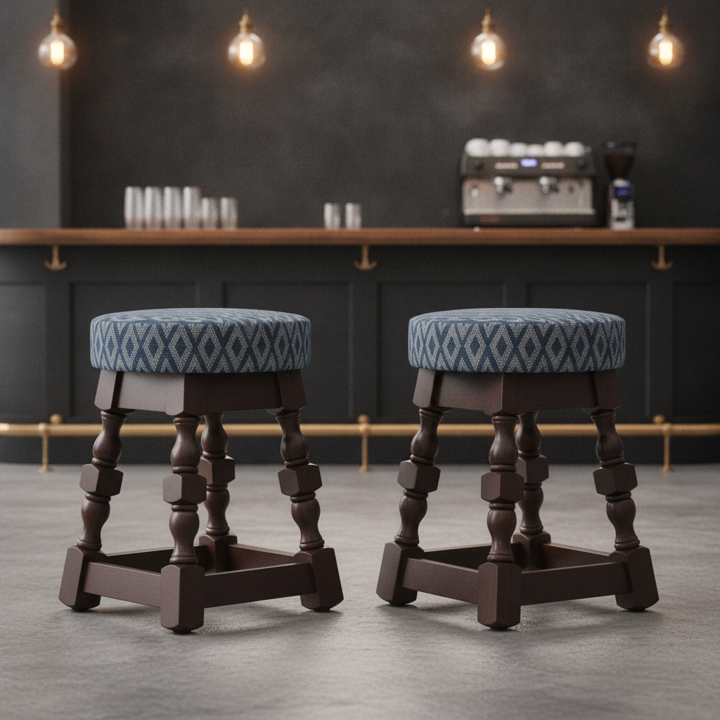 Rubber Wood Low Bar Stools with Blue Diamond Seat 500x345mm for Pubs & Clubs (Pack of 2)