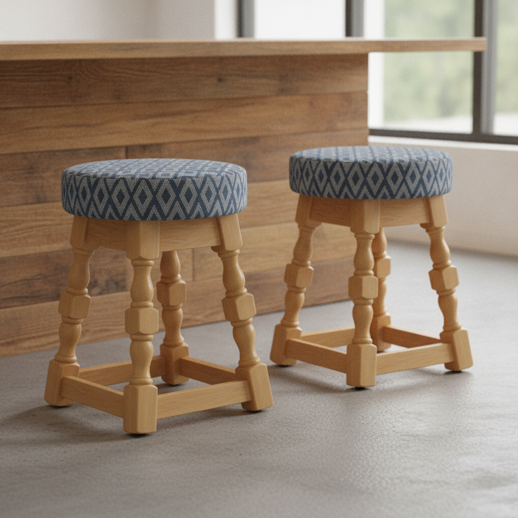 Rubber Wood Low Bar Stool with Blue Diamond Seat 500x345mm for Casual Dining (Pack of 2)