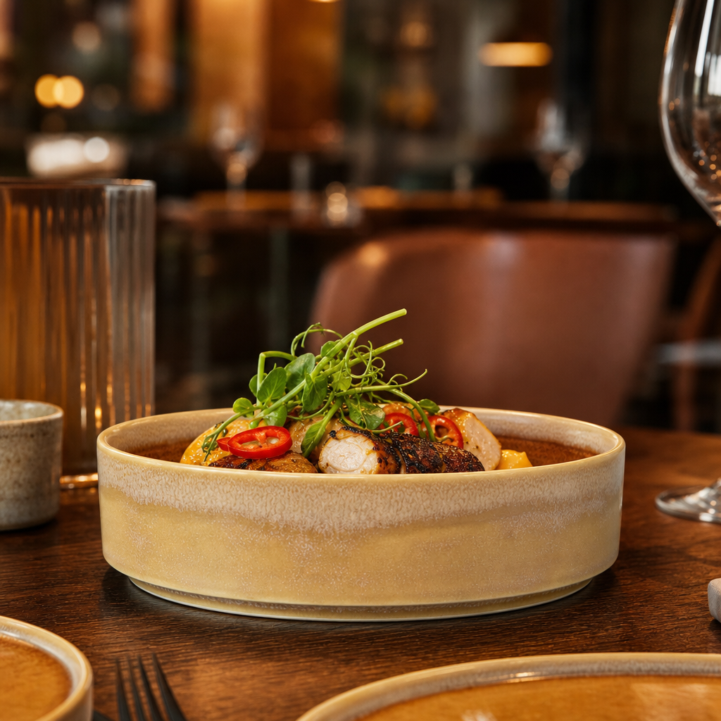 Round Stacking Trays 203mm Amber Vitrified Ceramic for Versatile Dining (Pack of 12)