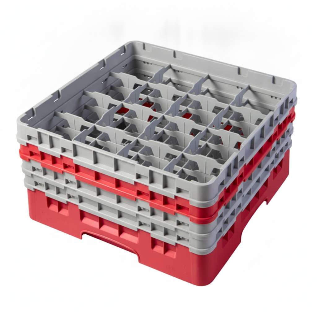 Polypropylene Red Camrack with 16 Compartments for Glassware Storage