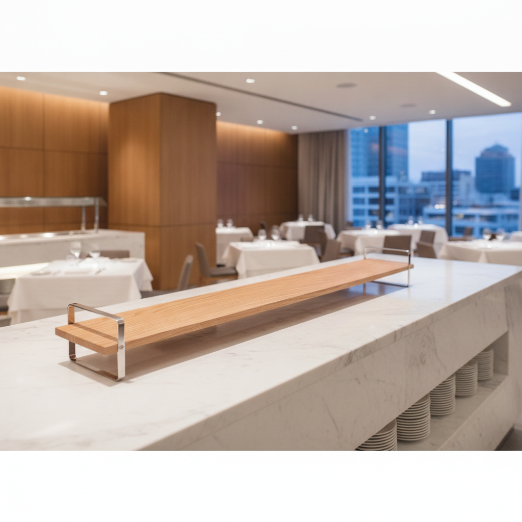 Oak Wood and Stainless Steel Large Low Presentation Table for Buffets