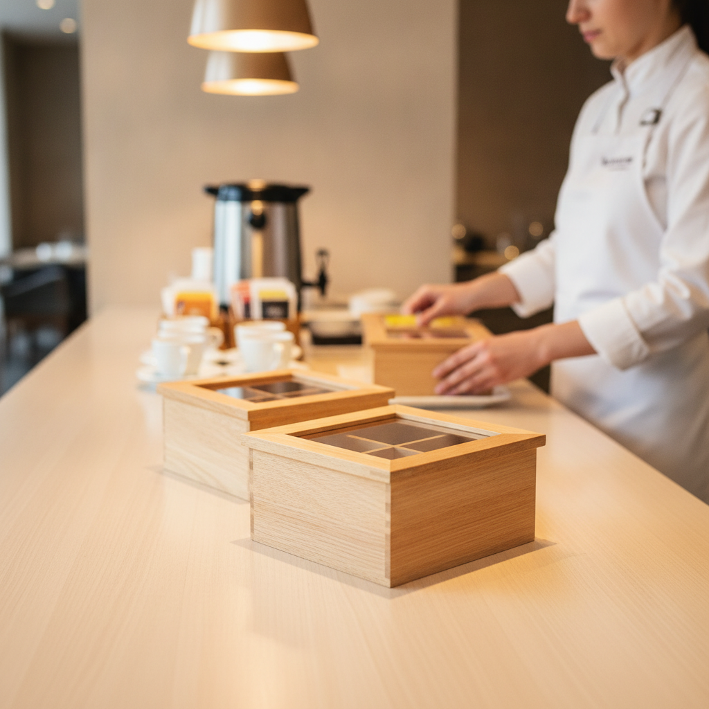 Hevea Wood Mini Tea Box with Transparent Lid for Self-Service Areas