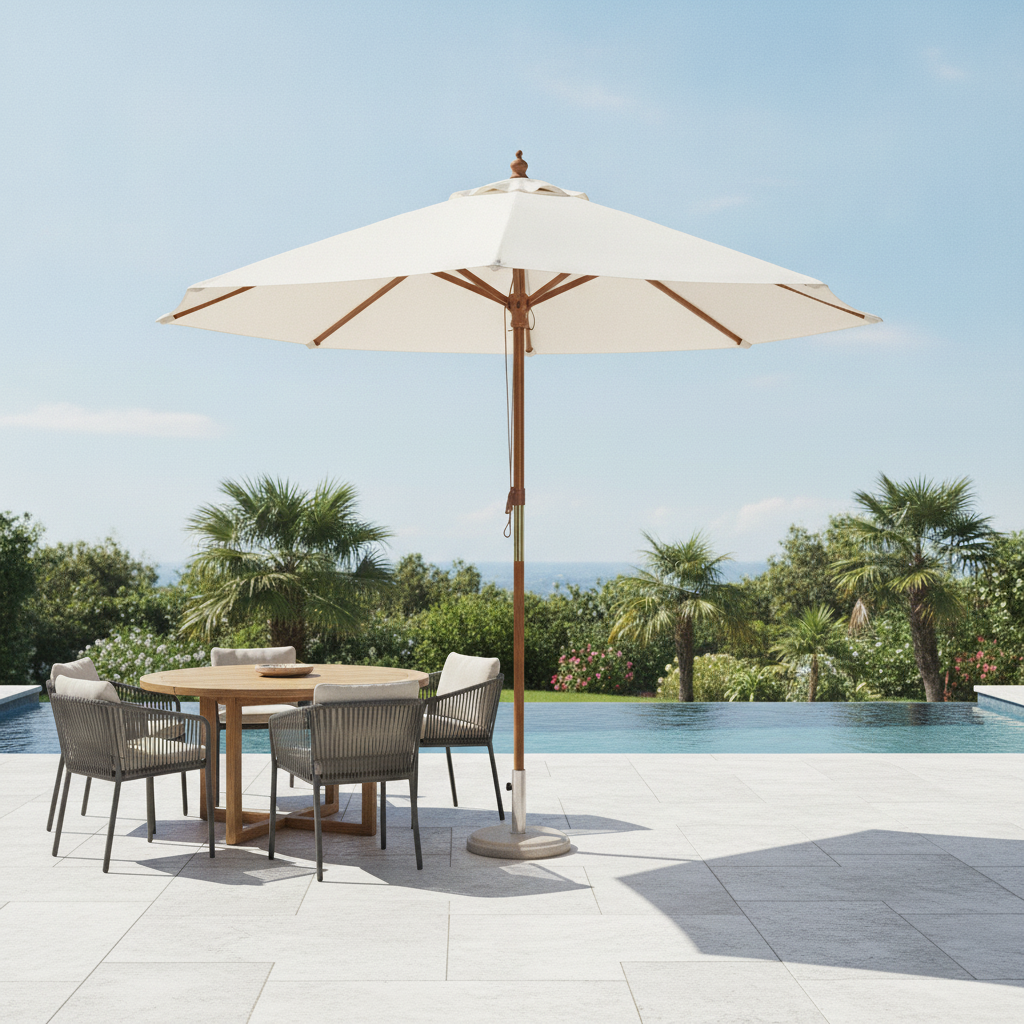 Wood and Polyester Round Parasol 3m for Outdoor Spaces